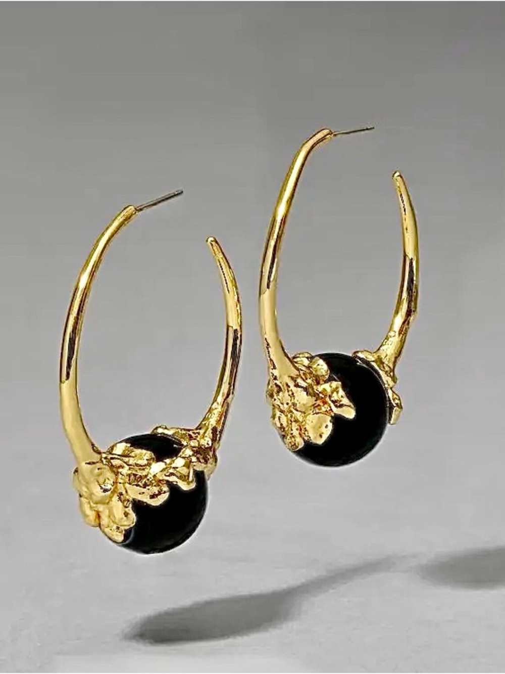 Alexis Bittar Brut Gold Capped Black Agate Hoop Earrings - Picture 2 of 5